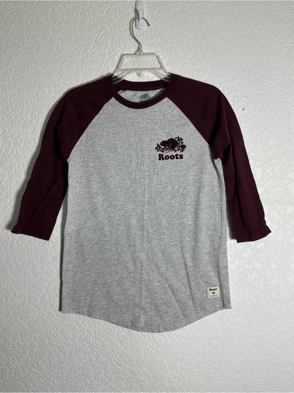 Roots Raglan Baseball Tee - Gray with Burgundy Sleeves